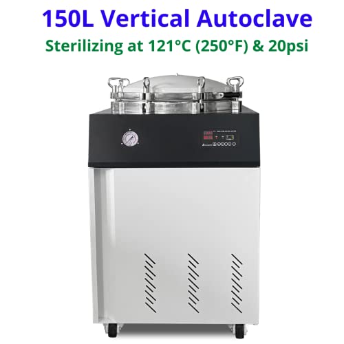 SH Scientific New 150L Vertical Autoclave. Glassware, Mushroom Grain and Culture Media Sterilization. Quicker Cycle. Advanced Pressure Gauge Display (PSI). 20psi at 121℃. Commercial and lab use. 220V
