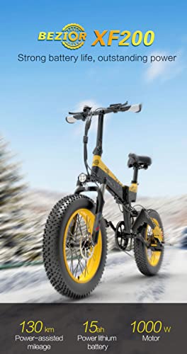 Bezior Electric Bike XF200 for Adults, Foldable 20" x 4.0 Fat Tire Electric Bicycle, 1000w Motor 48V 15Ah Removable Lithium Battery (Black & Yellow)