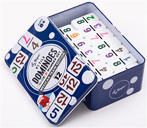 Regal Games - Double 12 Dominoes - Colored Numbers Set - Mexican Train Game Set with Hub, 91 Numbered Domino Tiles, 4 Trains, and Collector's Tin - Ideal for 2-4 Players Ages 8 for Kids and Adults