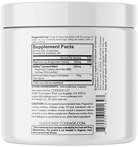 Codeage Liposomal Magnesium Glycinate Supplement, 2-Month Supply, Bisglycinate Magnesium Chelate, Chelated Magnesium Mineral Pills, BioPerine Black Pepper Vitamins Capsules, Non-GMO Vegan, 240 ct