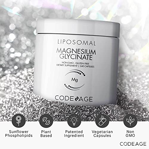 Codeage Liposomal Magnesium Glycinate Supplement, 2-Month Supply, Bisglycinate Magnesium Chelate, Chelated Magnesium Mineral Pills, BioPerine Black Pepper Vitamins Capsules, Non-GMO Vegan, 240 ct