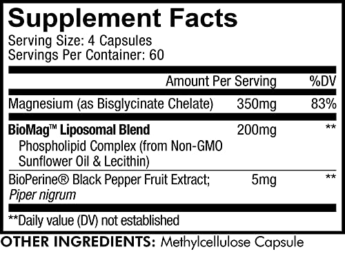 Codeage Liposomal Magnesium Glycinate Supplement, 2-Month Supply, Bisglycinate Magnesium Chelate, Chelated Magnesium Mineral Pills, BioPerine Black Pepper Vitamins Capsules, Non-GMO Vegan, 240 ct