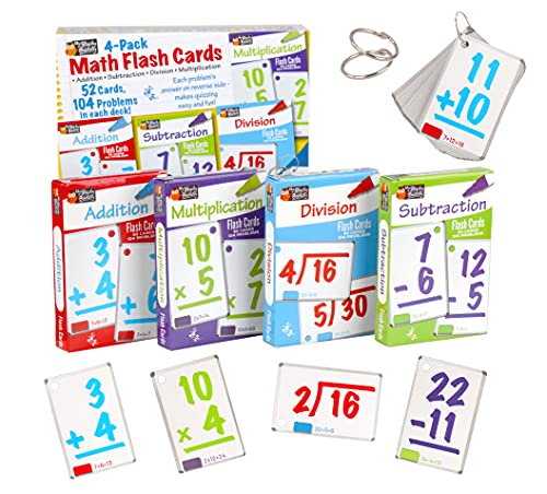 Regal Games - Four-Pack Variety Math Flash Cards - Addition, Subtraction, Multiplication, Division Practice - Classroom, Homework, Study Supplement - Includes 2 Binder Rings - 208 Cards