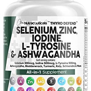 Selenium 300mcg Zinc 50mg Iodine 500mcg L Tyrosine 500mg Ashwagandha 6000mg - Thyroid Support Supplement for Women and Men with Bladderwrack, Turmeric, Kelp, Schisandra - Made in USA 60 Caps