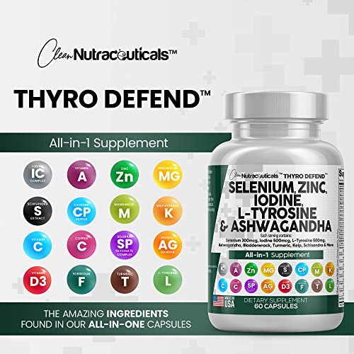 Selenium 300mcg Zinc 50mg Iodine 500mcg L Tyrosine 500mg Ashwagandha 6000mg - Thyroid Support Supplement for Women and Men with Bladderwrack, Turmeric, Kelp, Schisandra - Made in USA 60 Caps