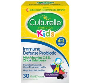 culturelle immune defense probiotic with vitamin c, vitamin d and zinc + elderberry, non-gmo, 4-in-1 immune support for kids ages 3+*, mixed berry chewables, 30 count