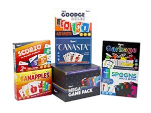 regal games mega card family game pack with canasta, spoons and a spork, garbage, scorzo, the goodge rules, and banapples decks