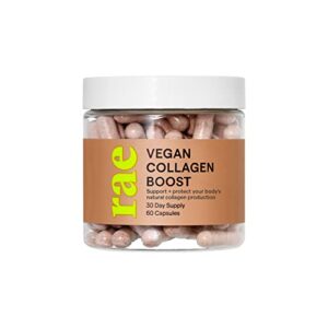 rae wellness vegan collagen boost – natural collagen supplement with vitamin c and bamboo for healthy hair, skin, and nails – vegan, non-gmo, gluten free – 60 caps (30 servings)