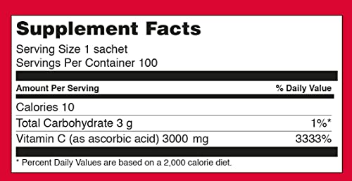 Megadose Vitamin C Powder 3000mg. 100 Count Single Serve Sticks. Pure High-Potency Immune Support No Additives No Artificial Ingredients. Fast Absorption, Antioxidant, Anti-Inflammatory, Non-GMO