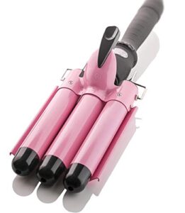 alure three barrel curling iron wand with lcd temperature display – 1 inch ceramic tourmaline triple barrels, dual voltage crimp (pink)