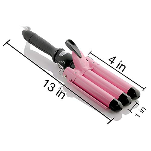 Alure Three Barrel Curling Iron Wand with LCD Temperature Display - 1 Inch Ceramic Tourmaline Triple Barrels, Dual Voltage Crimp (Pink)