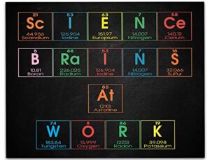 science brains at work periodic table of elements print, 14″x11″ unframed funny science poster, chemistry art ideal for science lab, teen bedroom, dorm room, school classroom or home decor