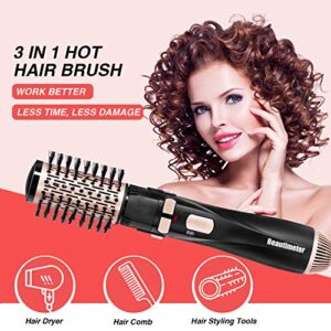 BEAUTIMETER 1200W Hot Air Spin Brush Kit, 3 in 1 Hair Dryer and Styler, Negative Ionic Hair Care, Black & Gold