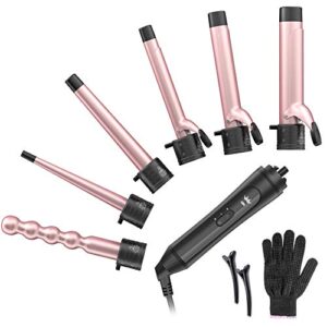 6-in-1 curling iron, professional curling wand set, instant heat up hair curler with 6 interchangeable ceramic barrels (0.35” to 1.25”) and 2 temperature adjustments, heat protective glove & 2 clips