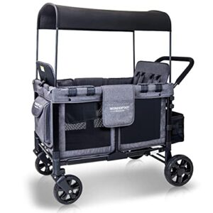 wonderfold w4 original quad stroller wagon featuring 4 high face-to-face seats with 5-point harnesses, easy access front zipper door, and removable uv-protection canopy, gray
