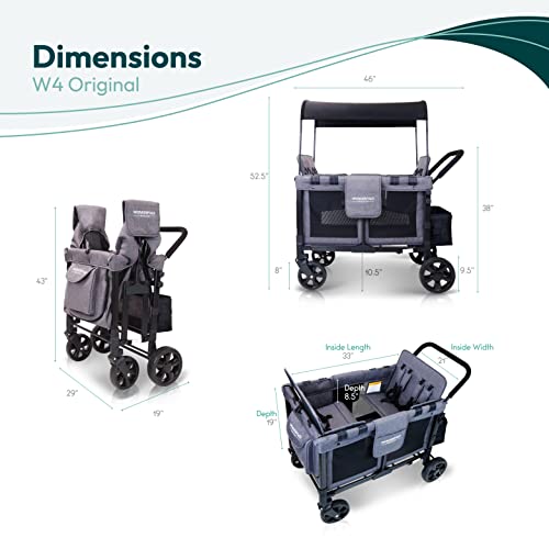 WONDERFOLD W4 Original Quad Stroller Wagon Featuring 4 High Face-to-Face Seats with 5-Point Harnesses, Easy Access Front Zipper Door, and Removable UV-Protection Canopy, Gray