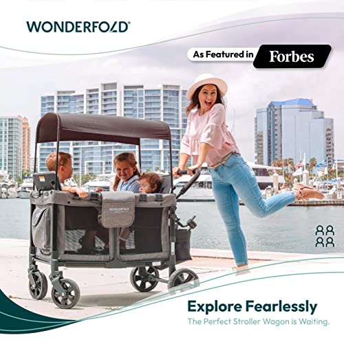 WONDERFOLD W4 Original Quad Stroller Wagon Featuring 4 High Face-to-Face Seats with 5-Point Harnesses, Easy Access Front Zipper Door, and Removable UV-Protection Canopy, Gray