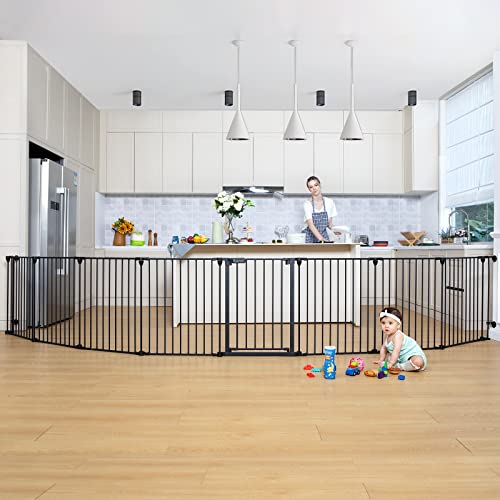 COMOMY 198" Baby Gate Extra Wide, Dog Gate Pet Gate for House Stairs Doorways Fireplace, Adjustable 3 in 1 Play Yard Child Safety Gate, Auto Close, Hardware Mounted (30" Tall, Black)