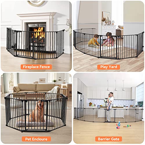 COMOMY 198" Baby Gate Extra Wide, Dog Gate Pet Gate for House Stairs Doorways Fireplace, Adjustable 3 in 1 Play Yard Child Safety Gate, Auto Close, Hardware Mounted (30" Tall, Black)