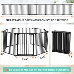 COMOMY 198" Baby Gate Extra Wide, Dog Gate Pet Gate for House Stairs Doorways Fireplace, Adjustable 3 in 1 Play Yard Child Safety Gate, Auto Close, Hardware Mounted (30" Tall, Black)