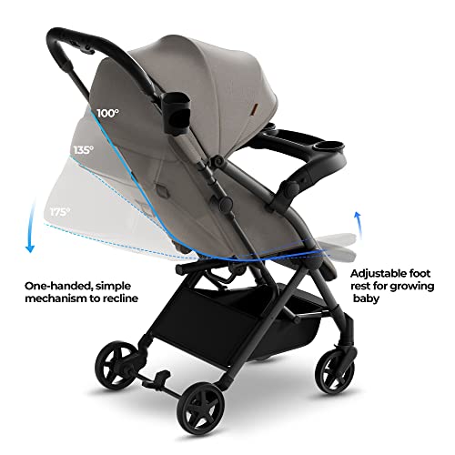 Mompush Lithe V2 Lightweight Stroller + Snack Tray, Ultra-Compact Fold & Airplane Ready Travel Stroller, Near Flat Recline Seat, Cup Holder, Raincover & Travelbag Included