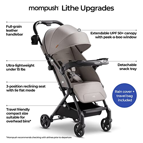 Mompush Lithe V2 Lightweight Stroller + Snack Tray, Ultra-Compact Fold & Airplane Ready Travel Stroller, Near Flat Recline Seat, Cup Holder, Raincover & Travelbag Included