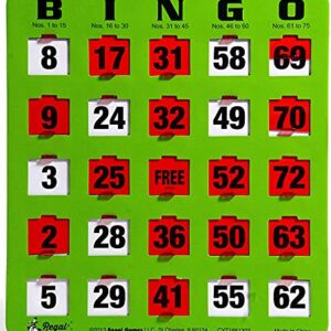 Regal Games - Shutter Slide Bingo Cards Only - 8” x 9” - 5-Ply Green Cardstock - Easy to Read - No Duplicates - Red Sliding Windows - 50-Pack - Perfect for Large Groups, Bulk Purchasing