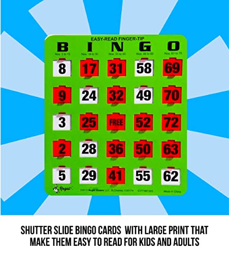 Regal Games - Shutter Slide Bingo Cards Only - 8” x 9” - 5-Ply Green Cardstock - Easy to Read - No Duplicates - Red Sliding Windows - 50-Pack - Perfect for Large Groups, Bulk Purchasing