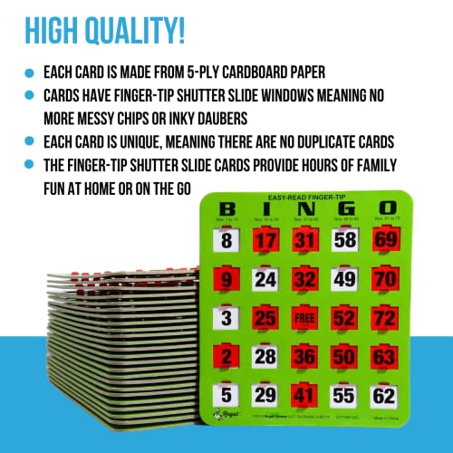 Regal Games - Shutter Slide Bingo Cards Only - 8” x 9” - 5-Ply Green Cardstock - Easy to Read - No Duplicates - Red Sliding Windows - 50-Pack - Perfect for Large Groups, Bulk Purchasing