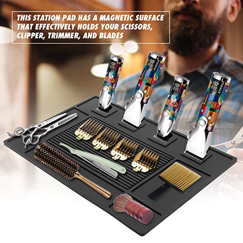 MoyRetty Magnetic Barber Organizer Mat for Clippers - Professional Anti-Slip Heat Resistant Silicone Pad with Salon Station Accessories for Hair Stylist Clippers Supplies (Black)
