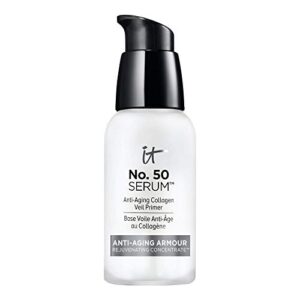 it cosmetics no. 50 serum anti-aging collagen veil primer – hydrating primer & serum – preps skin for makeup, diffuses the look of pores – with essential oils, vitamins, hyaluronic acid, niacin & silk