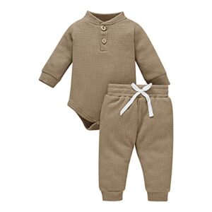 ledy champswiin unisex newborn infant baby boy girl solid clothes set waffle knit ribbed outfit fall winter long sleeve button tops pants 2pcs (waffle knit coffee, 18-24 months)