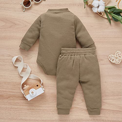 Ledy Champswiin Unisex Newborn Infant Baby Boy Girl Solid Clothes Set Waffle Knit Ribbed Outfit Fall Winter Long Sleeve Button Tops Pants 2PCS (Waffle Knit Coffee, 18-24 Months)