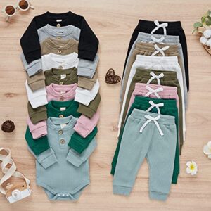 Ledy Champswiin Unisex Newborn Infant Baby Boy Girl Solid Clothes Set Waffle Knit Ribbed Outfit Fall Winter Long Sleeve Button Tops Pants 2PCS (Waffle Knit Coffee, 18-24 Months)