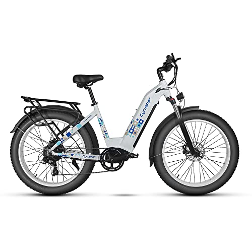 Cyrusher Kuattro Step-Through Ebike 750W BAFANG Motor 52V 17Ah Battery 26" x 4.0" Fat Tire Electric Bike for Adults Shimano 7-Speed Front Fork Suspension 3.7'' LCD Display (Kuattro 17Ah White)