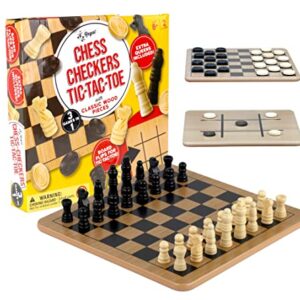 Regal Games - Reversible Wooden Board for Chess, Checkers & Tic-Tac-Toe - 24 Interlocking Wooden Checkers and 32 Standard Chess Pieces - for Age 8 to Adult for Family Fun