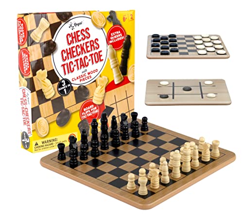 Regal Games - Reversible Wooden Board for Chess, Checkers & Tic-Tac-Toe - 24 Interlocking Wooden Checkers and 32 Standard Chess Pieces - for Age 8 to Adult for Family Fun