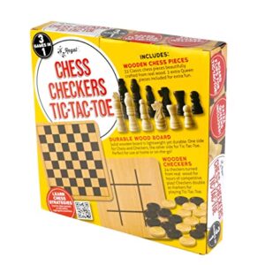 Regal Games - Reversible Wooden Board for Chess, Checkers & Tic-Tac-Toe - 24 Interlocking Wooden Checkers and 32 Standard Chess Pieces - for Age 8 to Adult for Family Fun