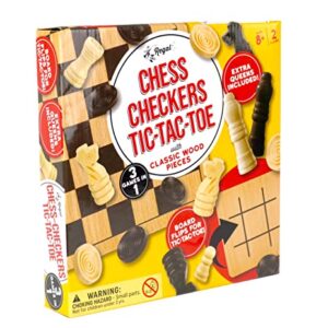 Regal Games - Reversible Wooden Board for Chess, Checkers & Tic-Tac-Toe - 24 Interlocking Wooden Checkers and 32 Standard Chess Pieces - for Age 8 to Adult for Family Fun