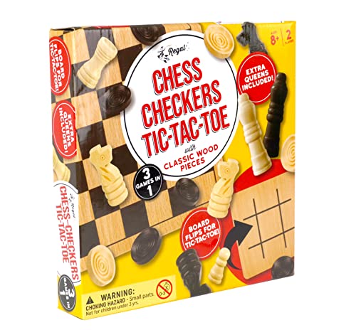 Regal Games - Reversible Wooden Board for Chess, Checkers & Tic-Tac-Toe - 24 Interlocking Wooden Checkers and 32 Standard Chess Pieces - for Age 8 to Adult for Family Fun