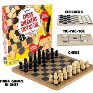 Regal Games - Reversible Wooden Board for Chess, Checkers & Tic-Tac-Toe - 24 Interlocking Wooden Checkers and 32 Standard Chess Pieces - for Age 8 to Adult for Family Fun