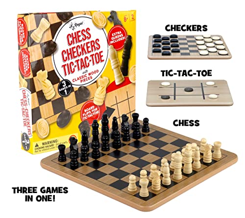 Regal Games - Reversible Wooden Board for Chess, Checkers & Tic-Tac-Toe - 24 Interlocking Wooden Checkers and 32 Standard Chess Pieces - for Age 8 to Adult for Family Fun