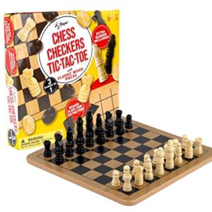 Regal Games - Reversible Wooden Board for Chess, Checkers & Tic-Tac-Toe - 24 Interlocking Wooden Checkers and 32 Standard Chess Pieces - for Age 8 to Adult for Family Fun