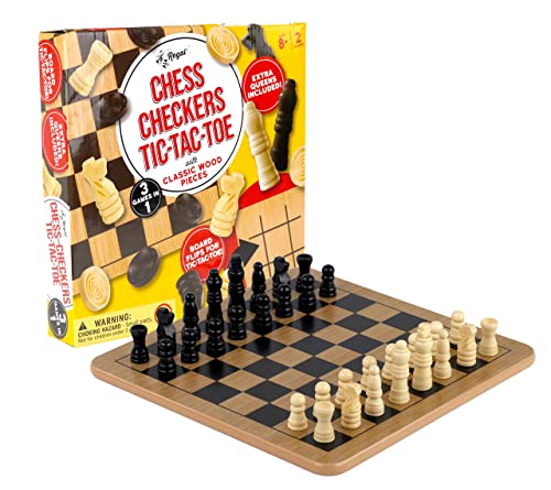 Regal Games - Reversible Wooden Board for Chess, Checkers & Tic-Tac-Toe - 24 Interlocking Wooden Checkers and 32 Standard Chess Pieces - for Age 8 to Adult for Family Fun