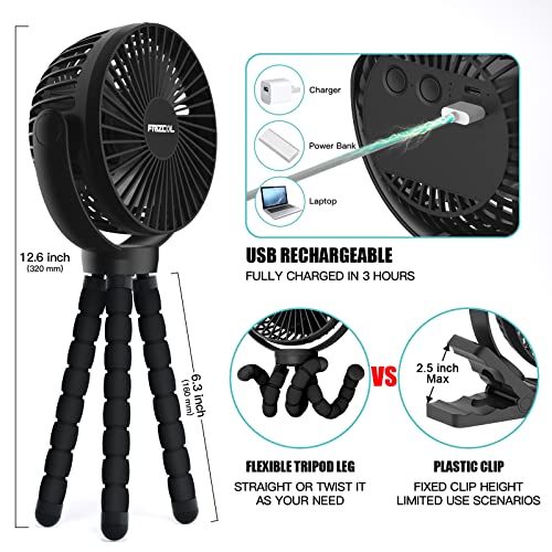 Portable Stroller Fan, Use As Power Bank, 65H 12000mAh Battery Operated Fan Flexible Tripod Baby Car Seat Fan, Personal Mini Handheld/Desk/Small Clip On Fans For Stroller, Carseat, Beach, Bed, Camping