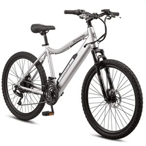 schwinn healy ridge adult electric mountain bike, 18-speed drivetrain, 18-inch alloy frame, 26-inch wheels, grey