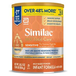 similac 360 total care sensitive infant formula, with 5 hmo prebiotics, for fussiness & gas due to lactose sensitivity, non-gmo, baby formula powder, 30.2-oz can (case of 6)