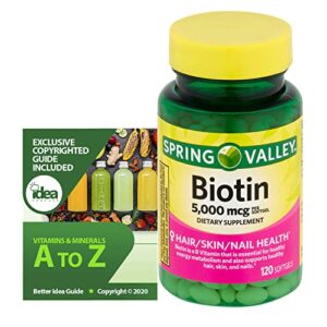 spring valley biotin dietary supplement, 5000 mcg, 120 softgels total + “vitamins & minerals – a to z – better idea guide” (1 pack 120 count)
