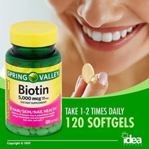 Spring Valley Biotin Dietary Supplement, 5000 mcg, 120 Softgels Total + “Vitamins & Minerals - A to Z - Better Idea Guide” (1 Pack 120 Count)