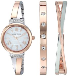 anne klein women’s ak/2245rtst premium crystal accented rose gold-tone and silver-tone bangle watch and bracelet set